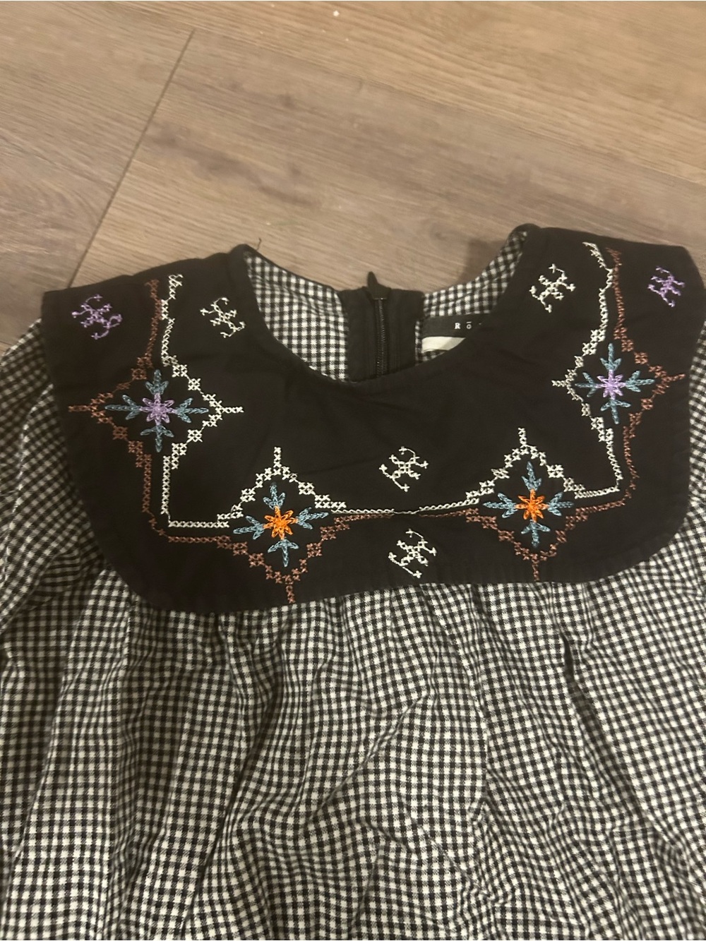 Girls' Black & White Gingham Formal Dress with Embroidered Yoke
